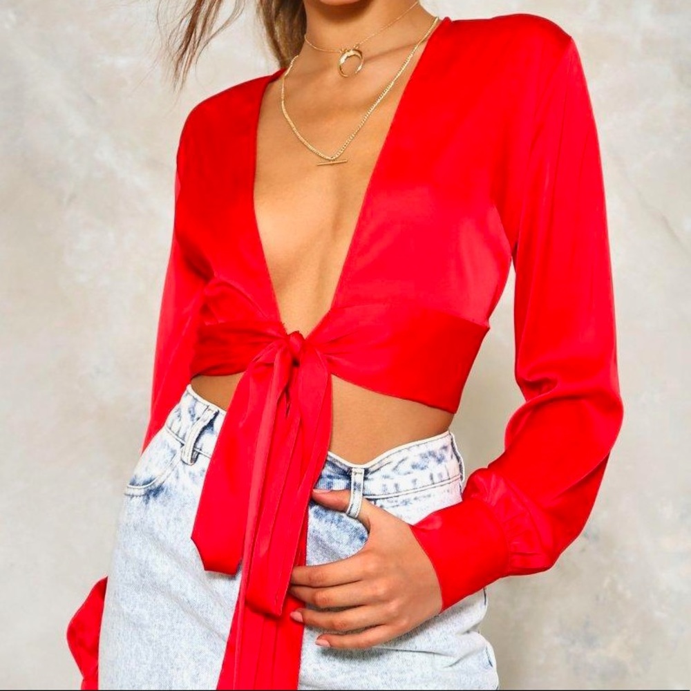 Nasty Gal Red Satin tie front top